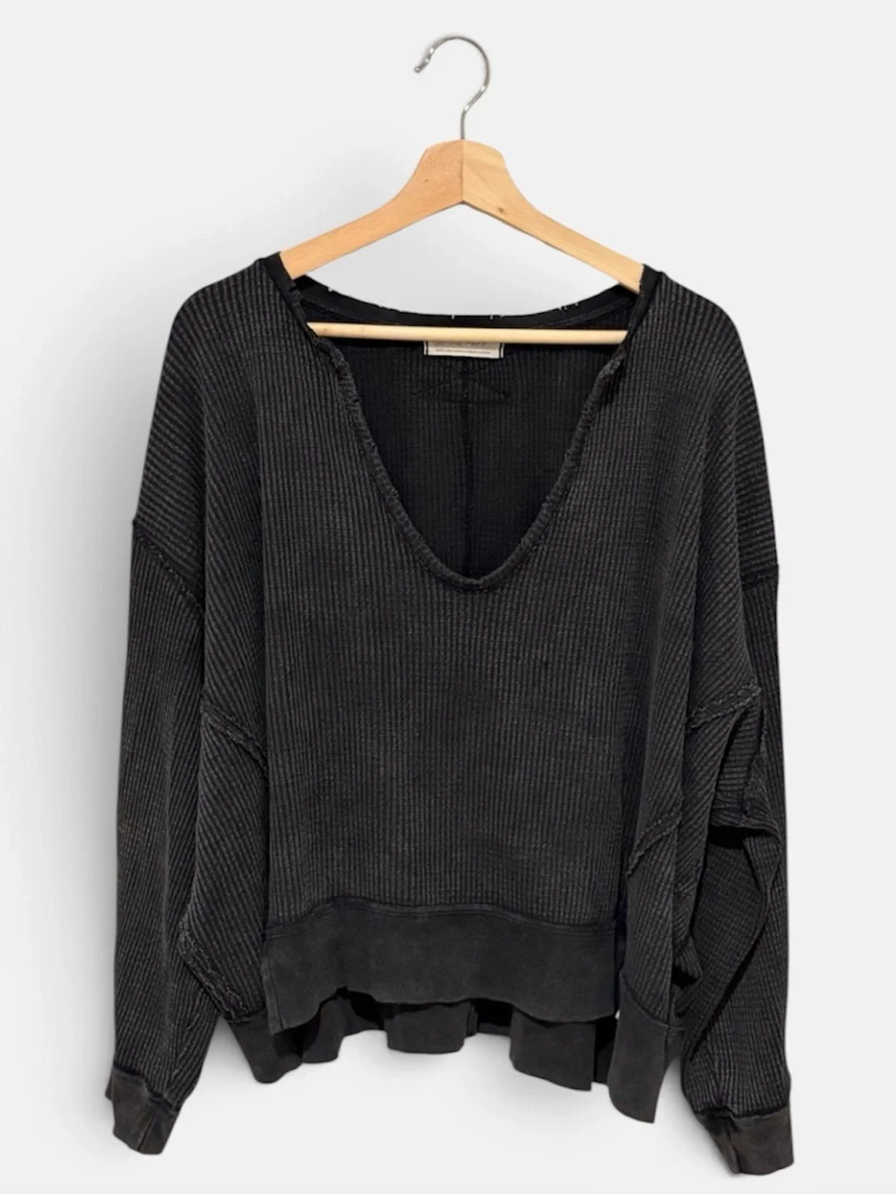 Free People Waffle Knit Long Sleeve Pullover Black Size Small Oversized Slouchy